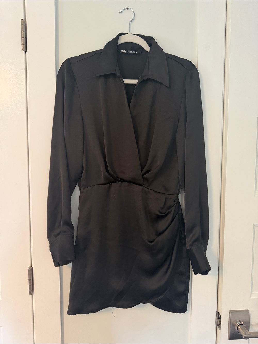 Zara Black Satin Wrap-Front Long Sleeve Mini Dress